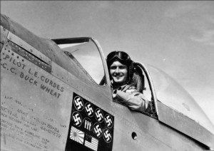 Pilot Lt. Louis Curdes in his P-51 Mustang "Bad Angel".